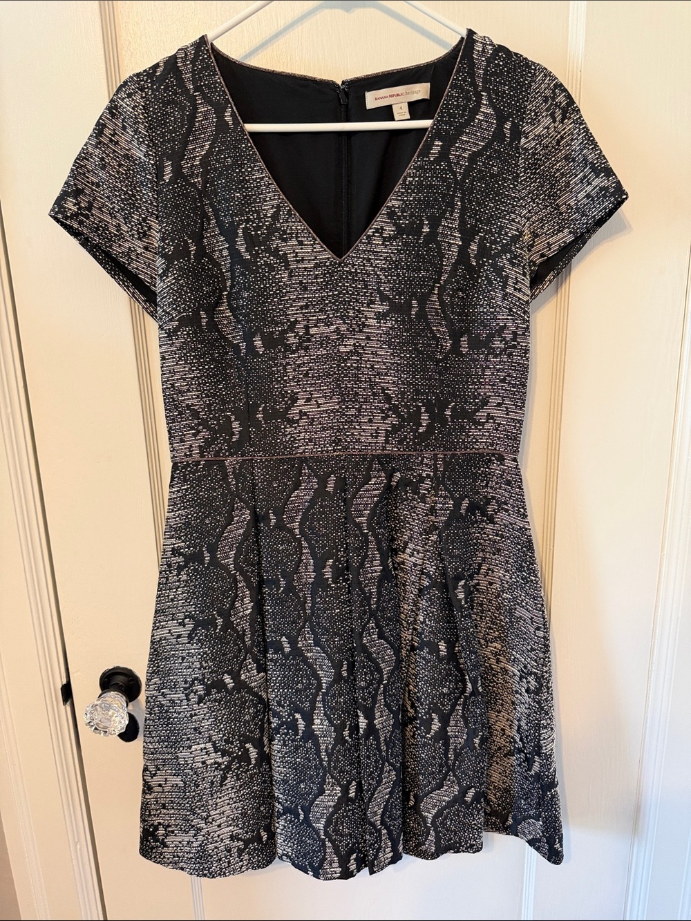 Banana Republic heritage Black, Gray, Gold V-Neck Fit-and-Flare Mini Dress